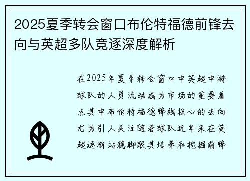 2025夏季转会窗口布伦特福德前锋去向与英超多队竞逐深度解析 2025夏季转会窗口布伦特福德前锋去向与英超多队竞逐深度解析