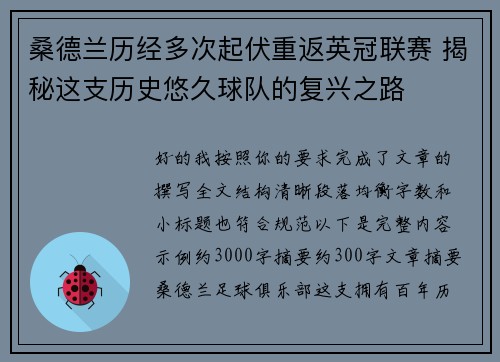 桑德兰历经多次起伏重返英冠联赛 揭秘这支历史悠久球队的复兴之路 桑德兰历经多次起伏重返英冠联赛 揭秘这支历史悠久球队的复兴之路