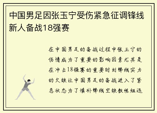 中国男足因张玉宁受伤紧急征调锋线新人备战18强赛 中国男足因张玉宁受伤紧急征调锋线新人备战18强赛