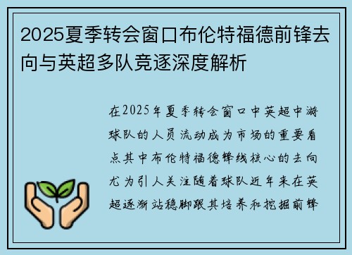 2025夏季转会窗口布伦特福德前锋去向与英超多队竞逐深度解析 2025夏季转会窗口布伦特福德前锋去向与英超多队竞逐深度解析
